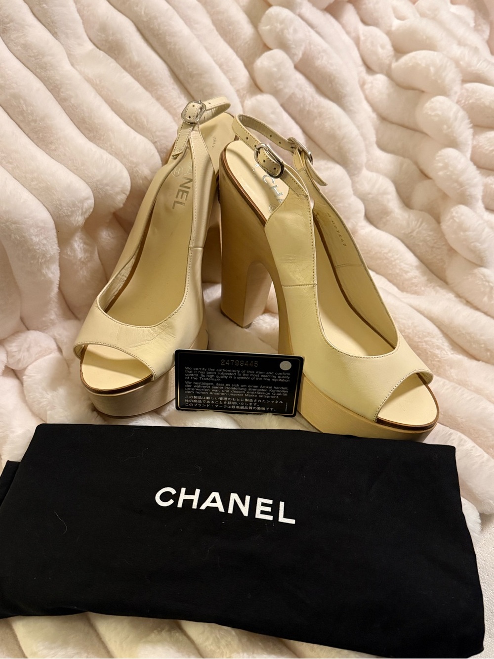 CHANEL Cream Leather Platform Peep-Toe Slingback Heels